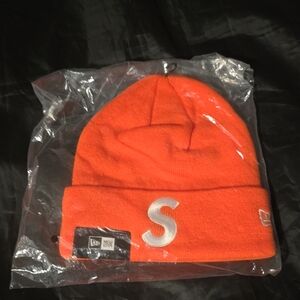 New Era X Supreme Orange Beanie with White 'S' Patch